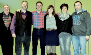 Die neue Vorstandsriege v.l.n.r.: Leopold Schmidt (2. Schriftführer), Maik Möritz (1. Schriftführer), Peter Seyfried (1. Vorsitzender), Sonja Döpper (Kassiererin), Kerstin Neise (Oberturnwartin, ab 2018 Ilka Werkshagen), Arndt App (2. Vorsitzender)